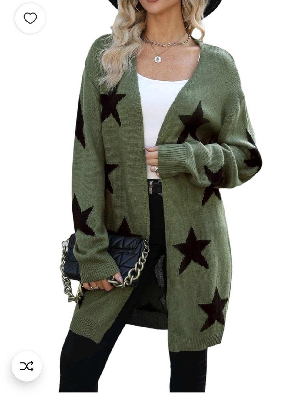 Cupshe Olive Green Star-Print Open Front Cardigan